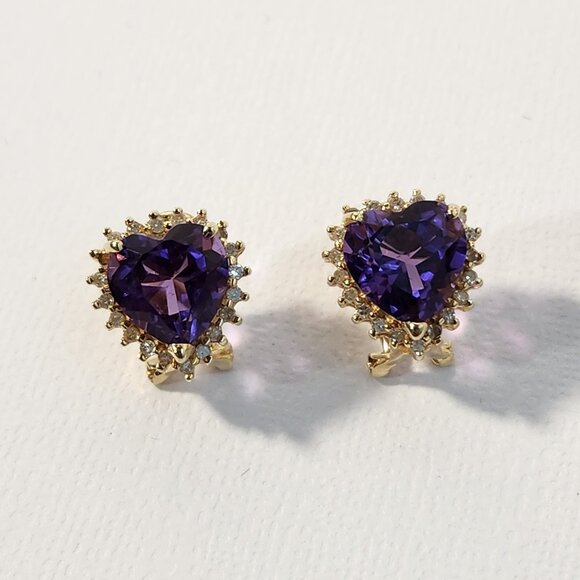 Vtg 80's 4.69g 14K Gold Natural Amethyst & Diamond Omega Back Earrings - Picture 12 of 15